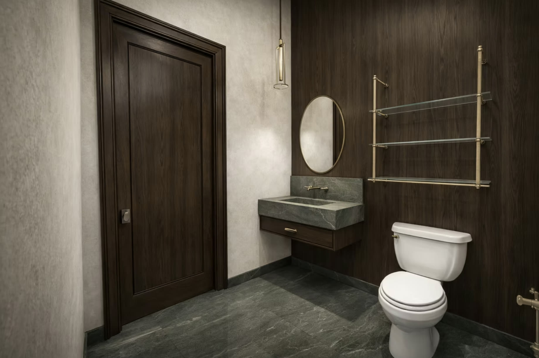 Powder bath with dark wood door
