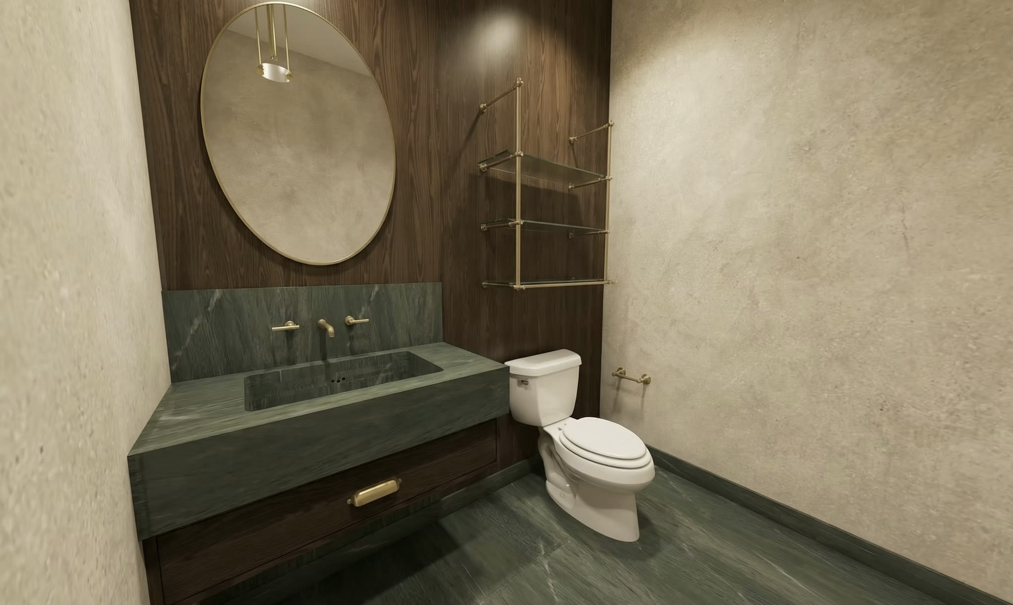 Powder bath with green marble vanity