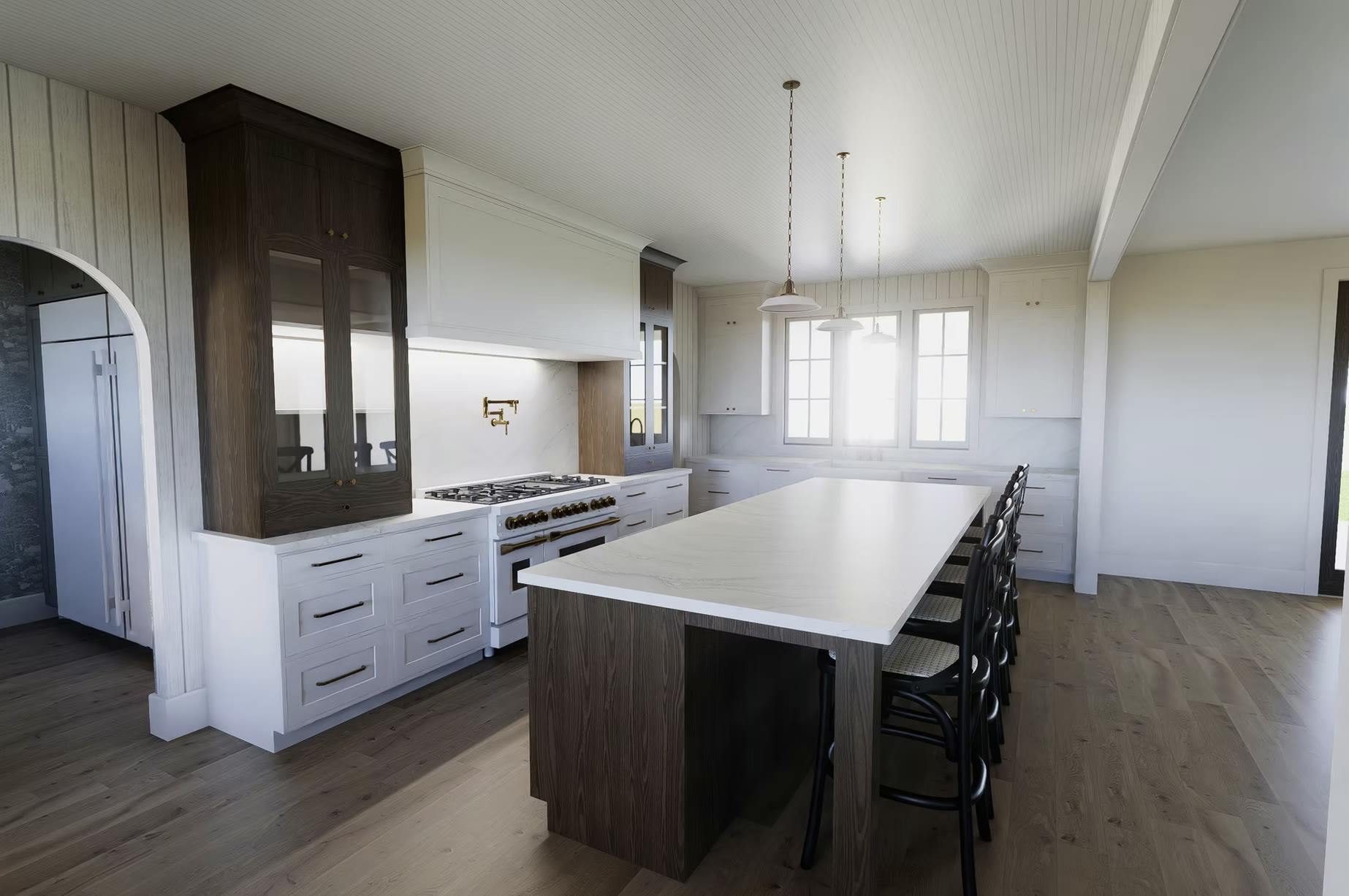 Kitchen island with dark cabinetry